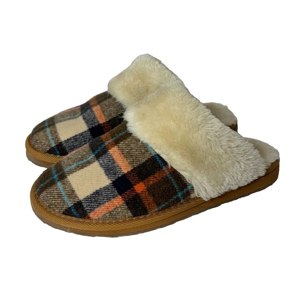 Minnetonka Ladies Slippers Cheney Scuff Tartan Plaid Flat Faux Fur Women’s 8M